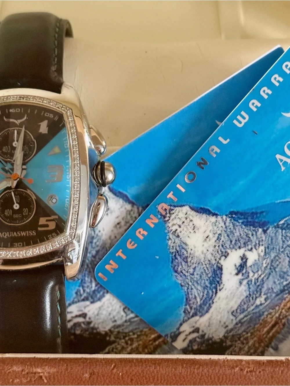 AquaSwiss Ice Prism Crystal Diamond Blue & Black Chrono Date Watch Leather Band